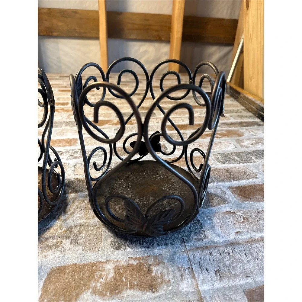 Set of 2 Butterfly Scrollwork Metal Pillar Candle Holders Bronze Tone Rustic